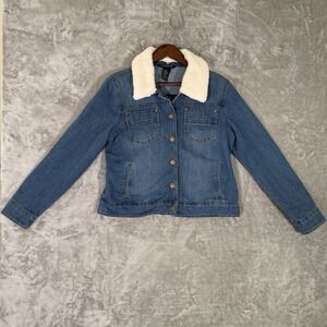 Baccini Denim Snap Button Blue Jean Jacket Sherpa Collar Womens M